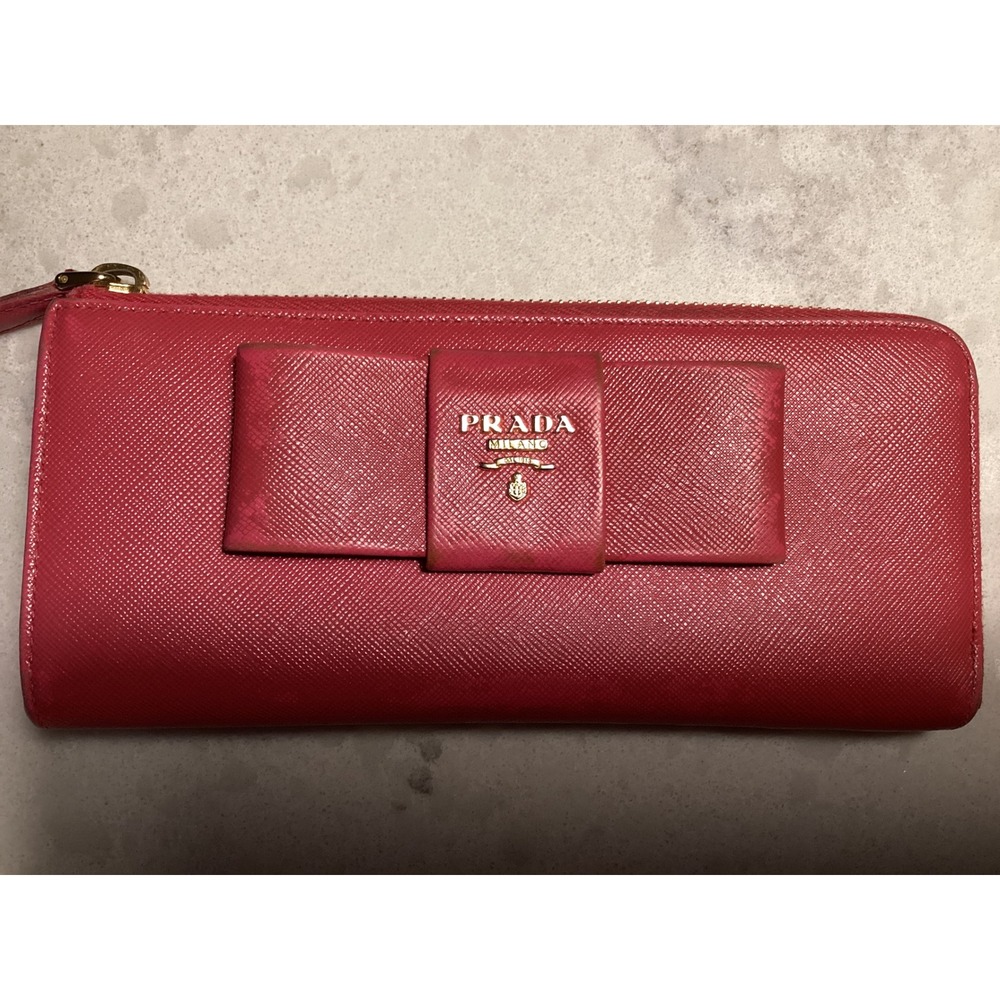 Prada Saffiano Leather Zip Around Wallet‎ Bow Accent Designer